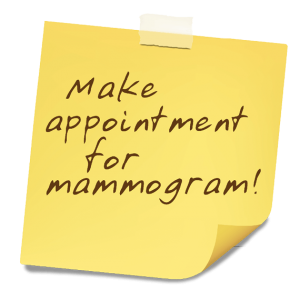 Make appointment for mammogram! on a yellow post-it note