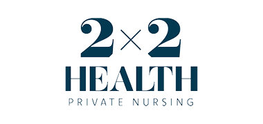 Logo with blue text '2 x 2 Health Private Nursing' on a white background, conveying professionalism and healthcare services.