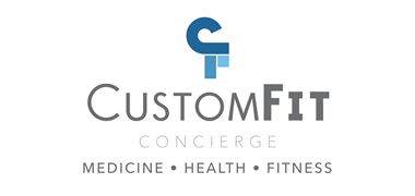 Logo with stylized "CF" in blue above the words "CustomFit Concierge." Below, in smaller text, it reads "Medicine," "Health," "Fitness." Clean and professional design.
