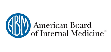 The image shows the American Board of Internal Medicine logo. It features a blue circular emblem with "ABIM" and the text "American Board of Internal Medicine" in black.